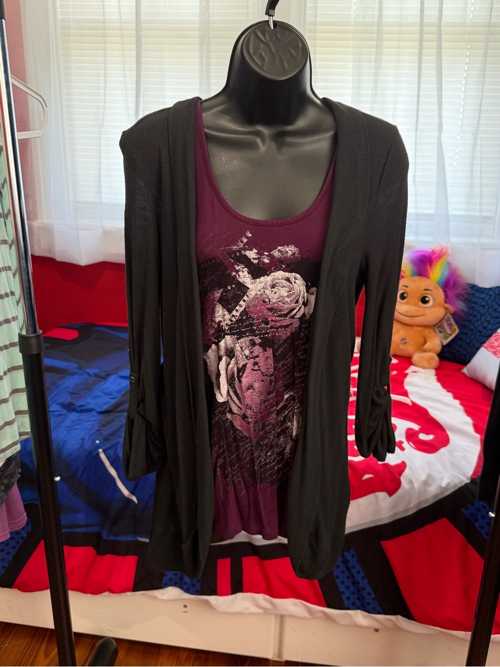 Mudd Black Open-Front Cardigan with Plum Floral Graphic Tank